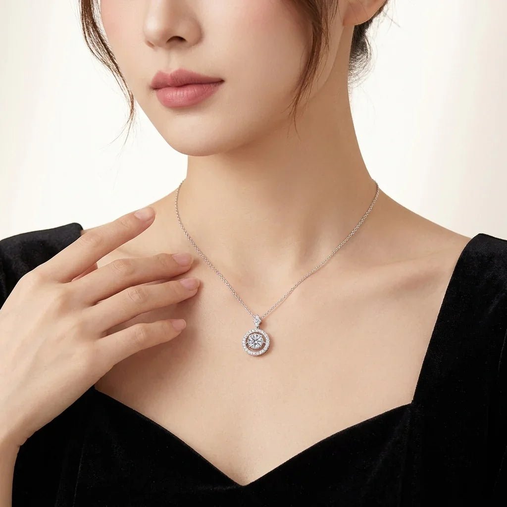 Dancing Moissanite Halo Pendant Necklace- Stone-Set Necklace | Prism Drip Jewelry
