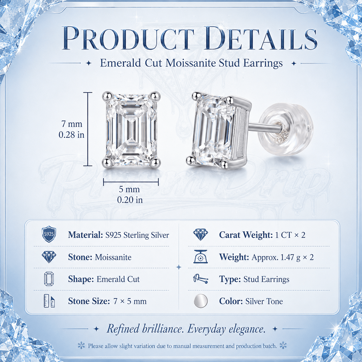 Emerald Cut Moissanite Stud Earrings | S925 Sterling Silver- Earrings | Prism Drip Jewelry
