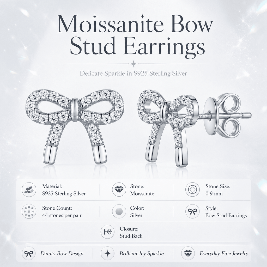 Moissanite Bow Stud Earrings in S925 Sterling Silver- Earrings | Prism Drip Jewelry