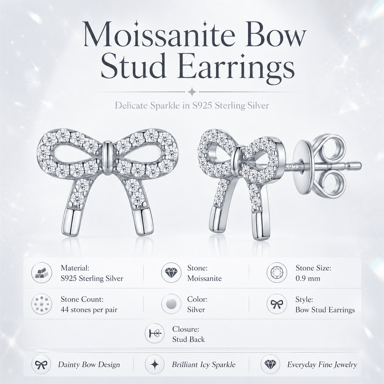 Moissanite Bow Stud Earrings in S925 Sterling Silver- Earrings | Prism Drip Jewelry