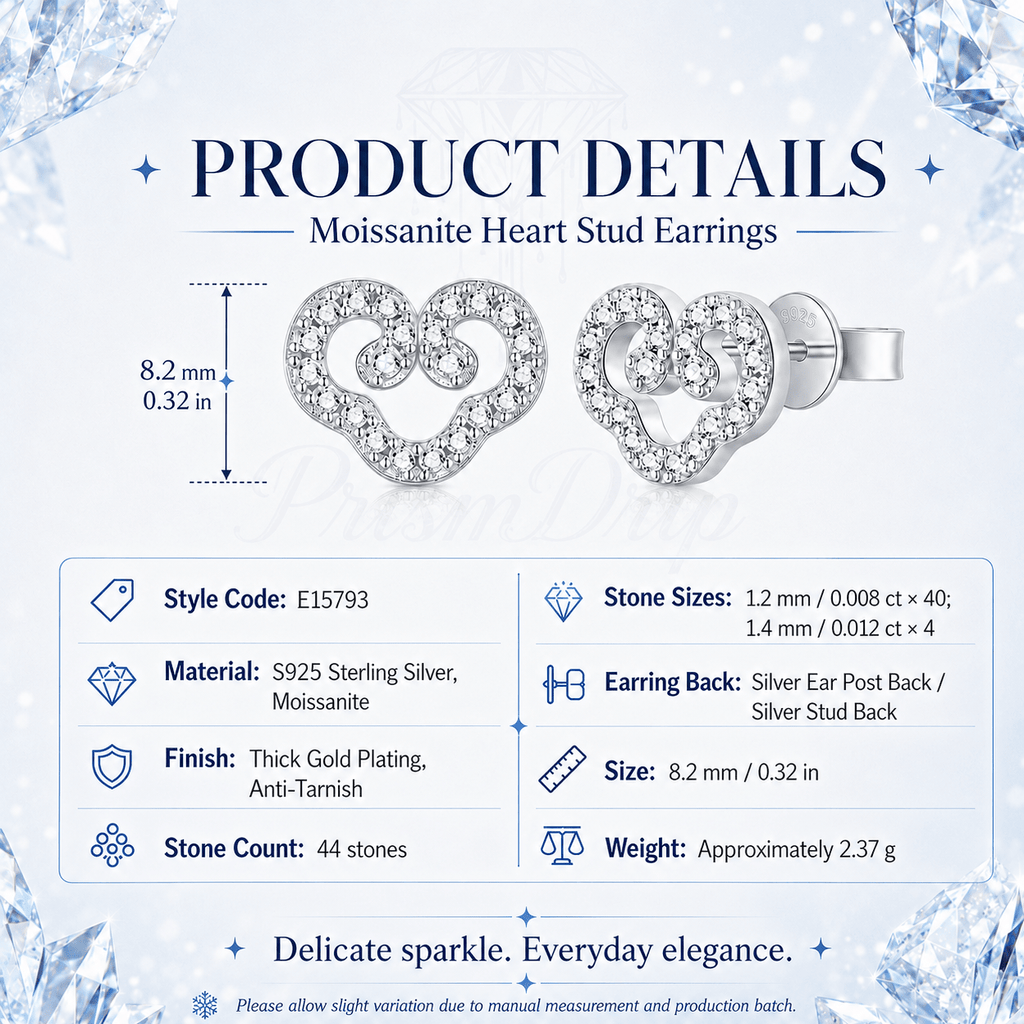 Moissanite Heart Stud Earrings | S925 Sterling Silver- Earrings | Prism Drip Jewelry