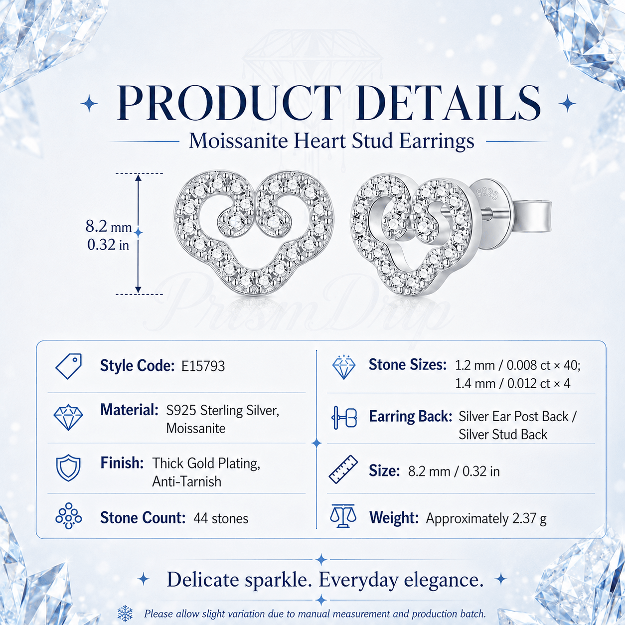 Moissanite Heart Stud Earrings | S925 Sterling Silver- Earrings | Prism Drip Jewelry