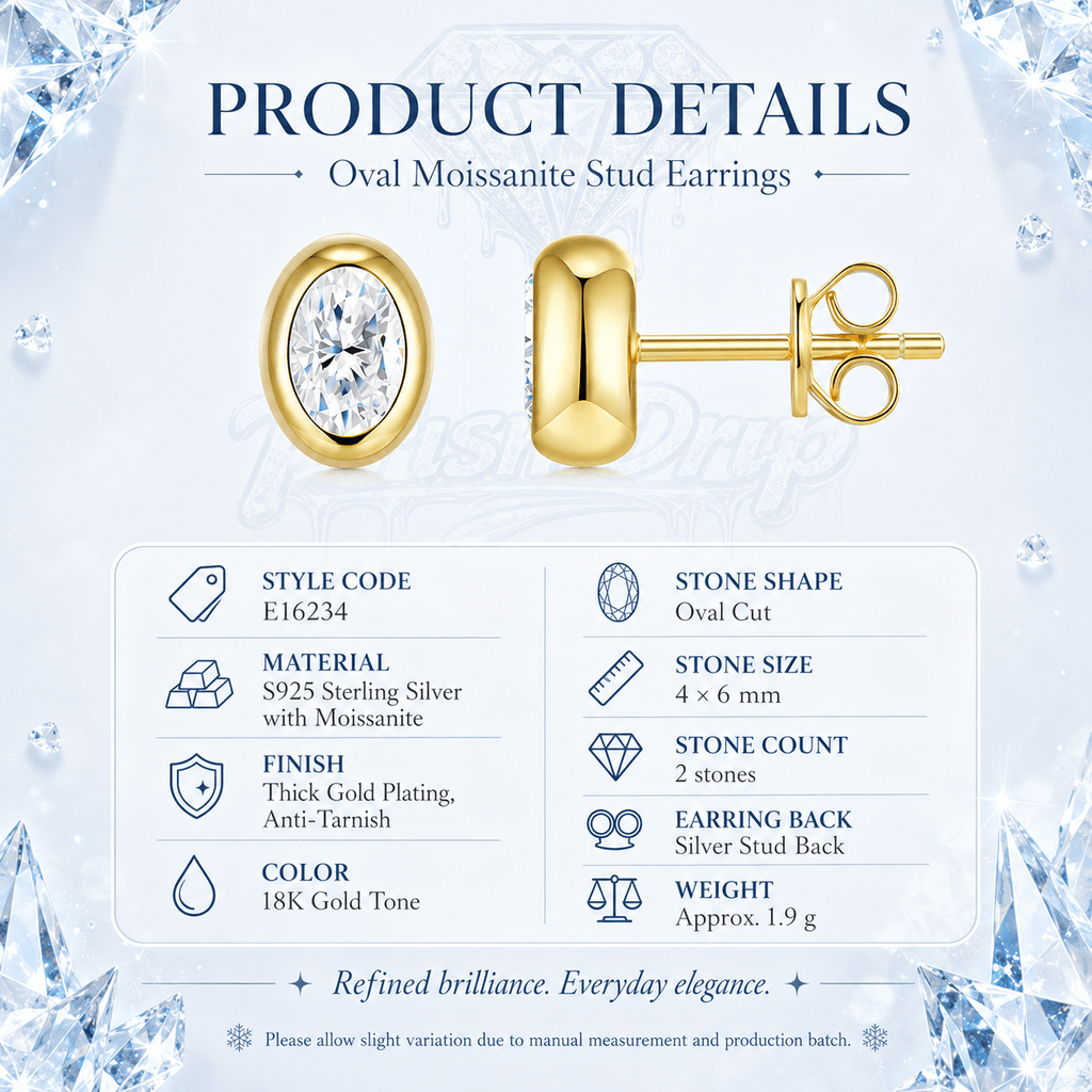 Oval Moissanite Stud Earrings | S925 Sterling Silver- Earrings | Prism Drip Jewelry