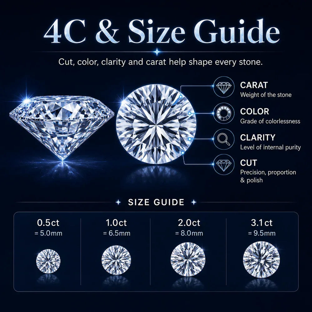 4C & Size Guide for diamond-like stones: carat, color, clarity, cut, and size comparisons