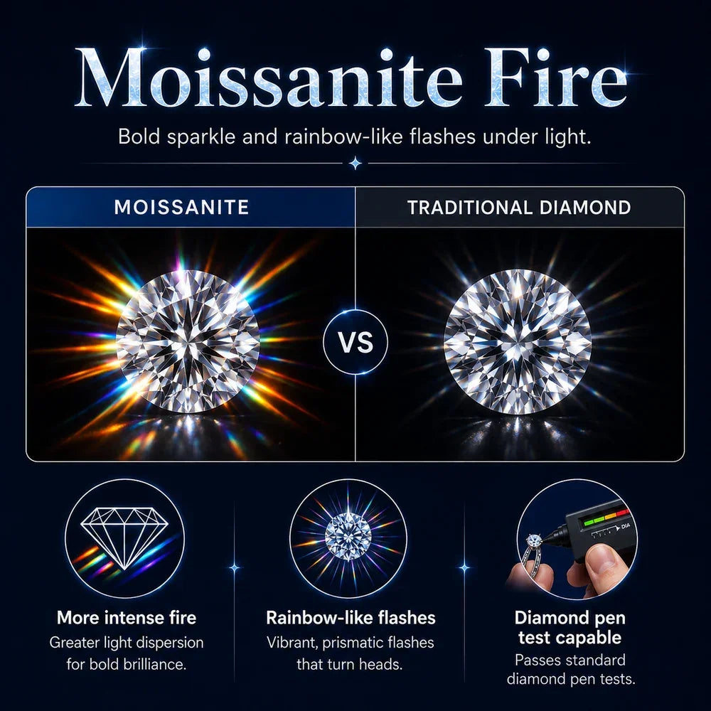 Moissanite vs diamond comparison showcasing bold sparkle and rainbow-like flashes under light