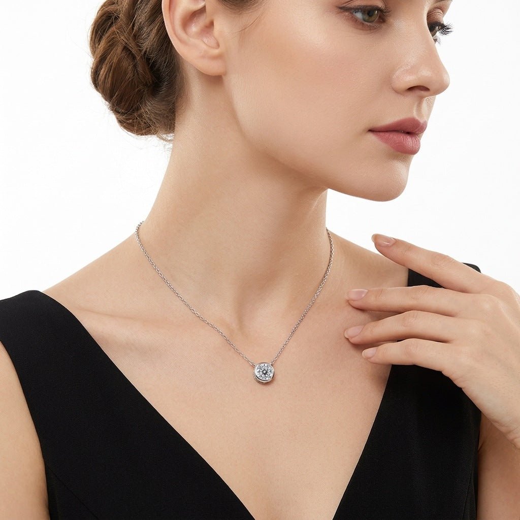 Round Moissanite Bezel Pendant Necklace | S925 Sterling Silver- Necklace | Prism Drip Jewelry
