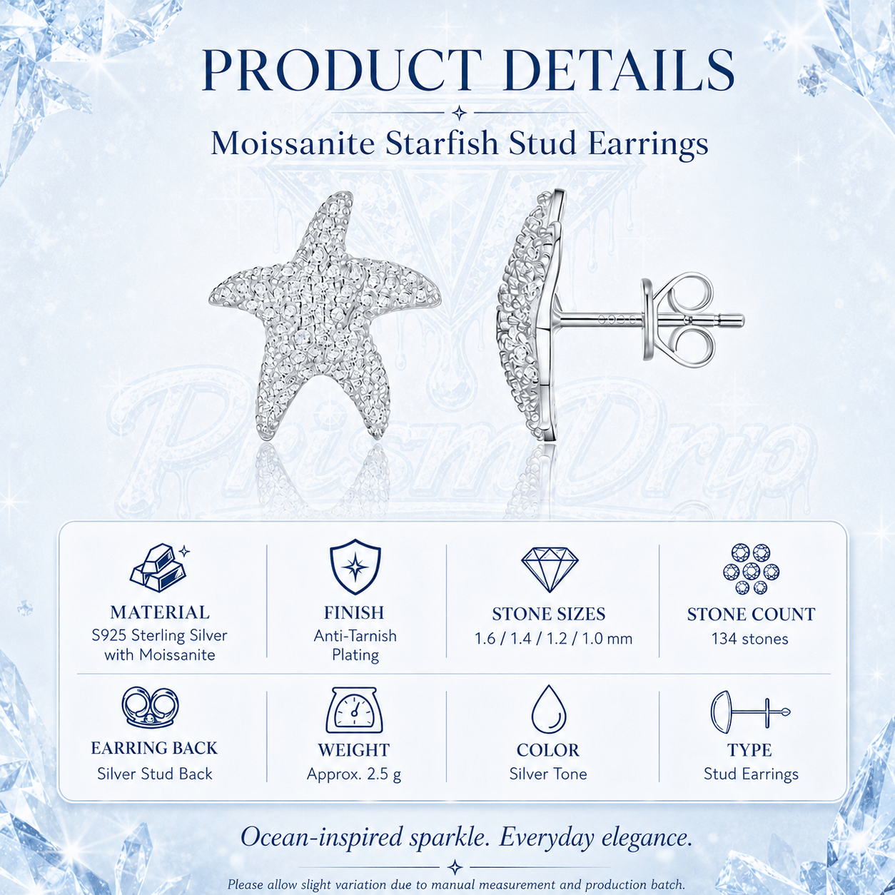 Starfish Moissanite Stud Earrings | S925 Sterling Silver- Earrings | Prism Drip Jewelry